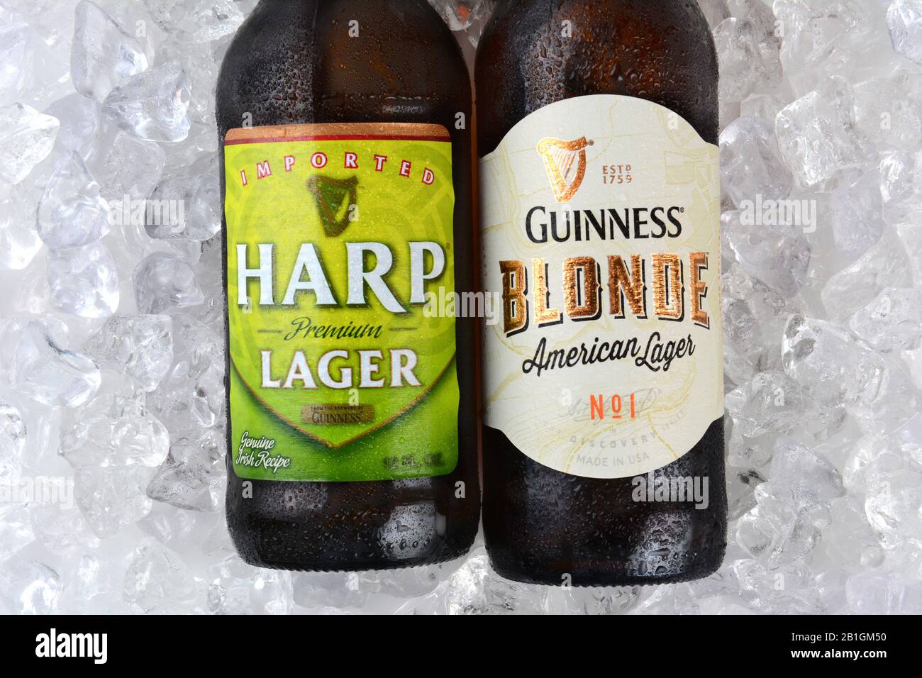 Irvine, CA - 11 DE ENERO de 2015: Una botella de Harp Lager y Guinness Blond closeup en una cama de hielo. Ambos lagers son hechos por el Guinness Brewing Compan Foto de stock