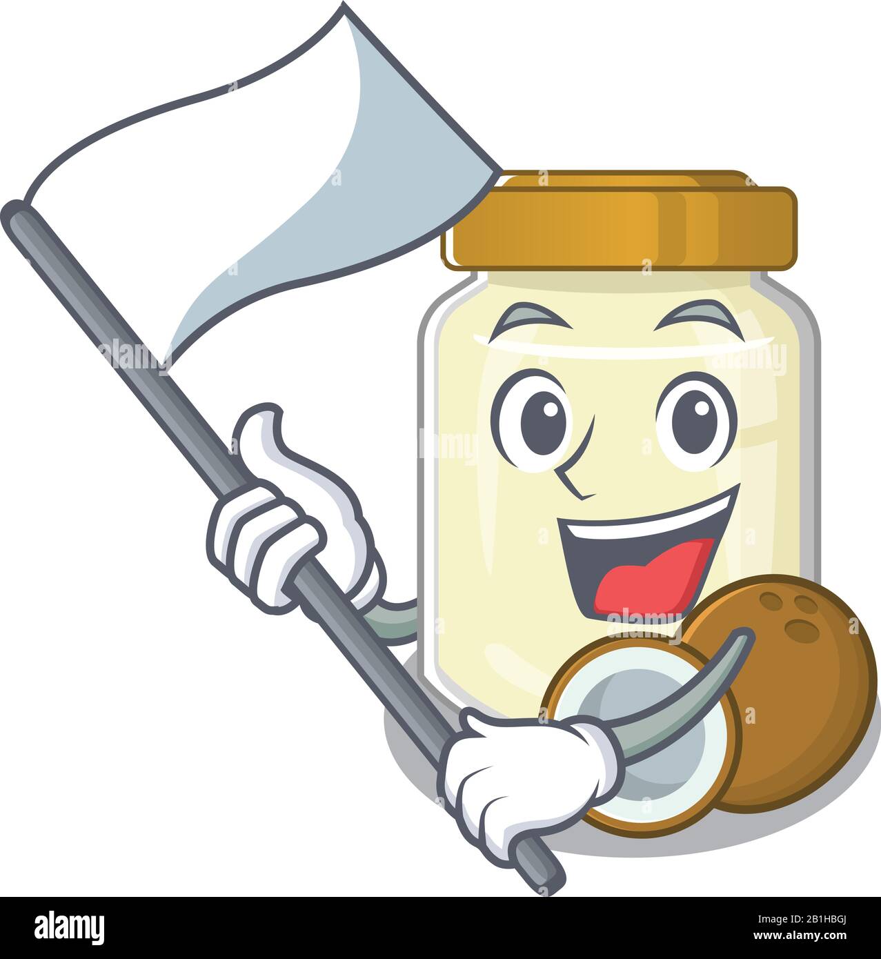Divertido dibujo animado de mantequilla de coco estilo personaje con una bandera de pie Imagen Vector de stock - Alamy Divertido dibujo animado de mantequilla de coco estilo personaje con una bandera de pie Imagen Vector de stock - Alamy