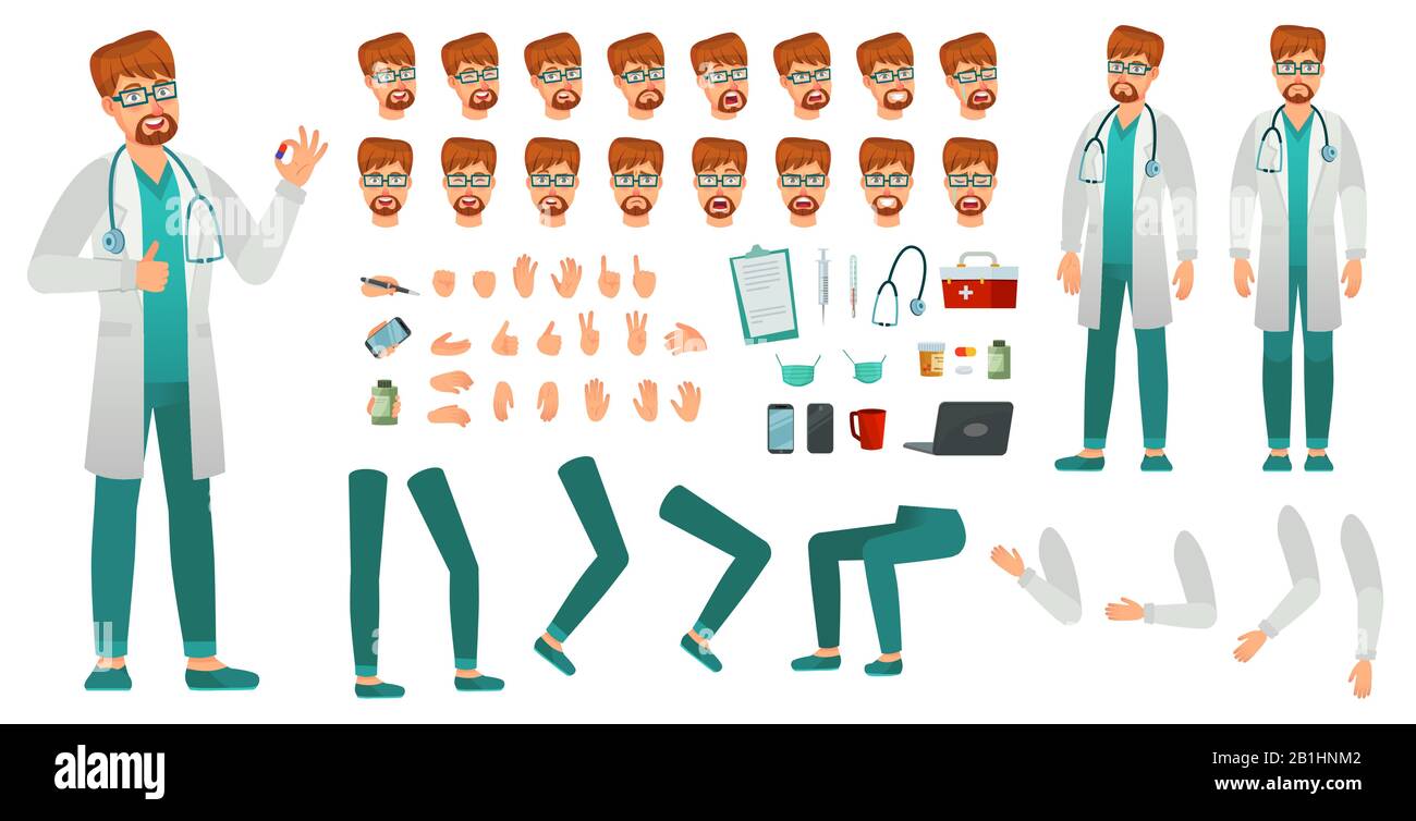 Kit de creación de médicos de dibujos animados. Hombre médico, médico médico médico médico y médico masculino constructor de caracteres juego de vectores Ilustración del Vector