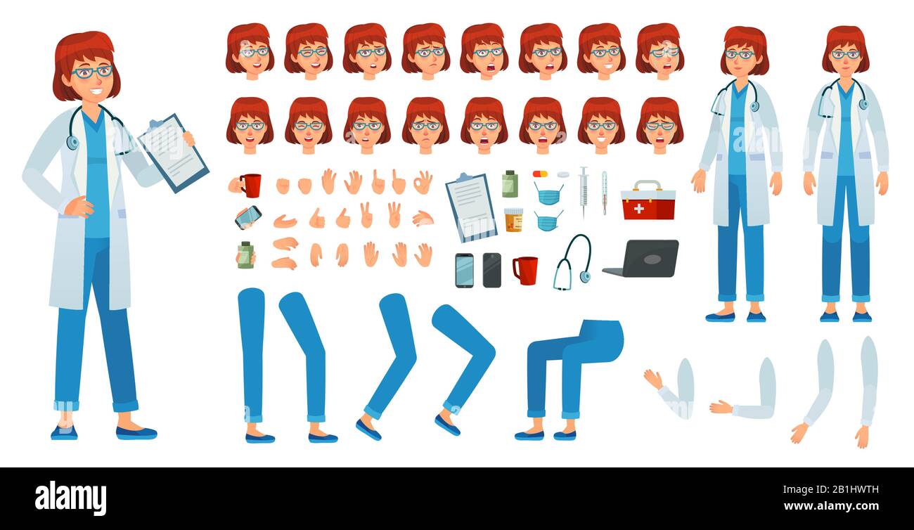 Kit de creación de médico de dibujos animados femeninos. Kit de la mujer médica, el carácter de la profesión de los médicos de la salud y la mujer farmacéutica vector conjunto Ilustración del Vector