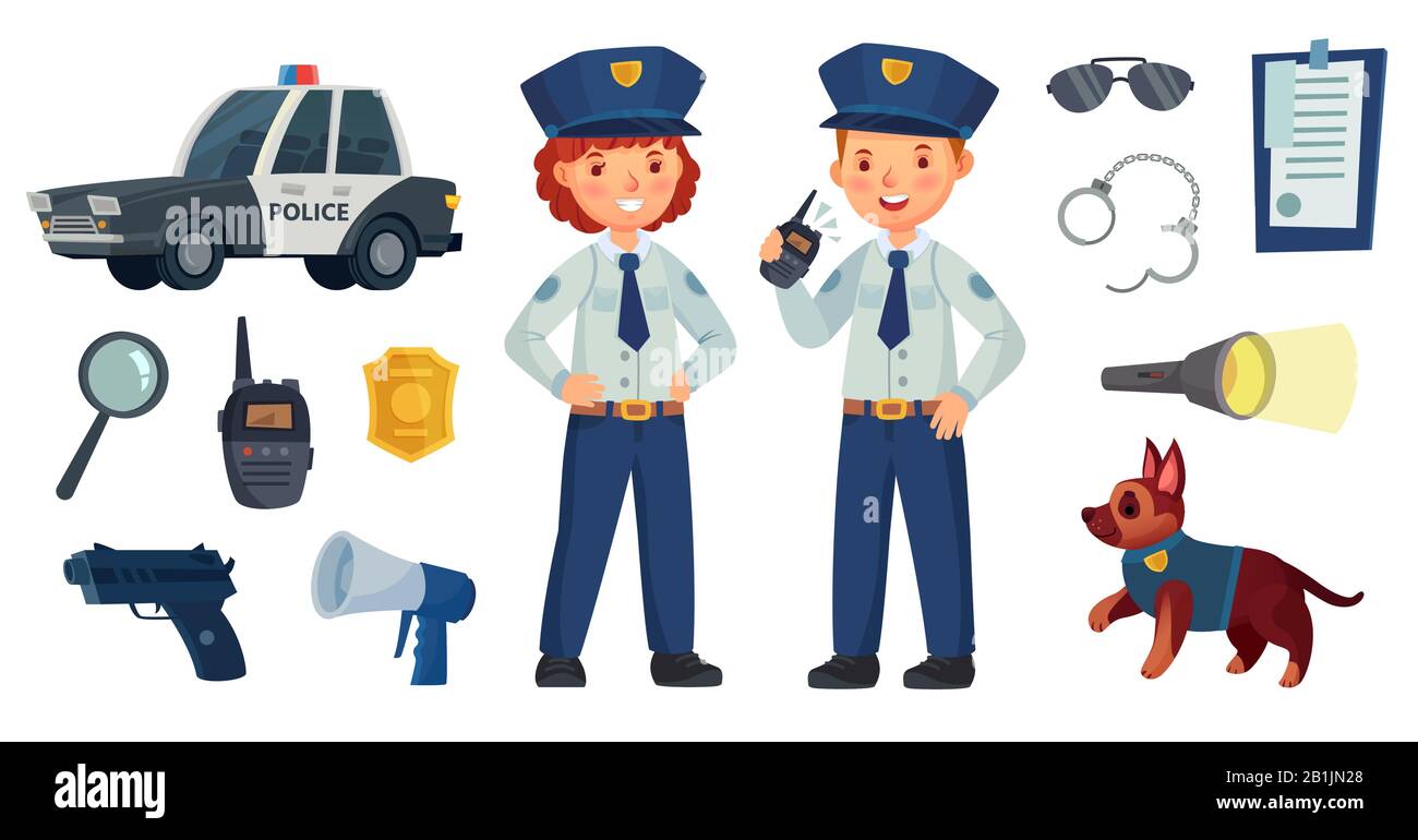 Niños de la policía de dibujos animados. Niño y niña en traje de patrulla,  coche de policía y perro. Conjunto de ilustración vectorial de armas, radio  y policía Imagen Vector de stock -