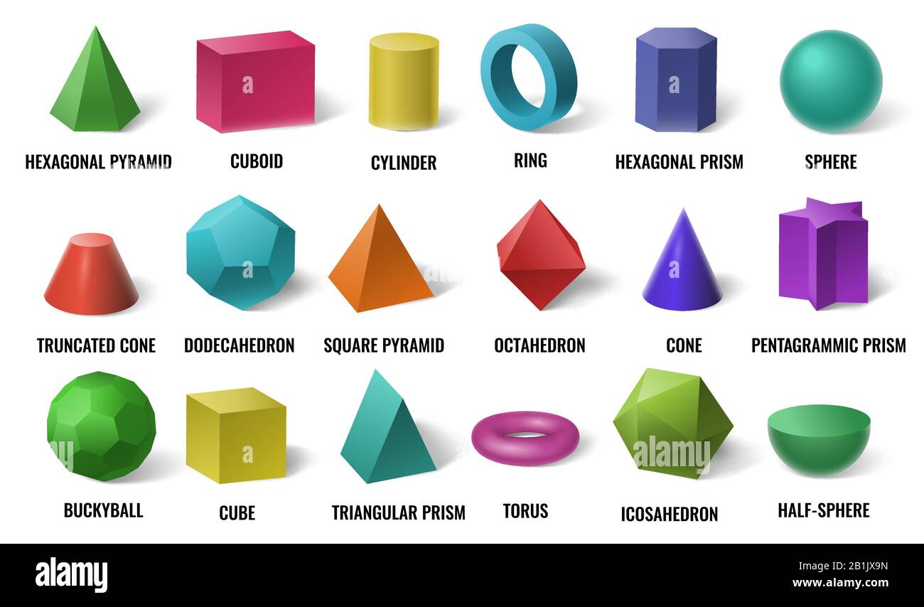 Formas básicas de color 3D realistas. Formas geométricas de color sólido, cilindro y cubo de colores forma vector conjunto de ilustración Ilustración del Vector