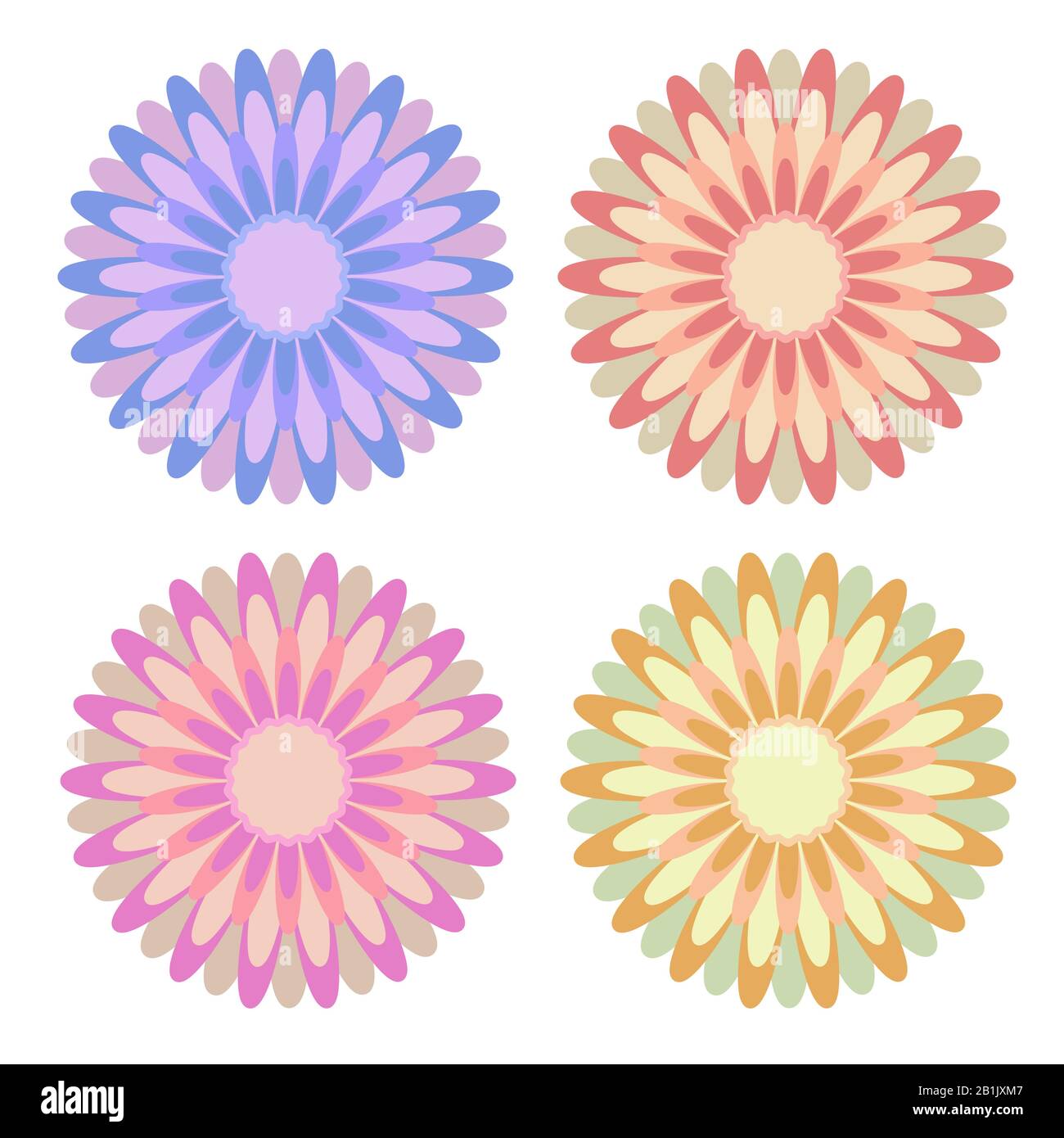 Conjunto de flores abstractas planas aisladas de color amarillo, rojo