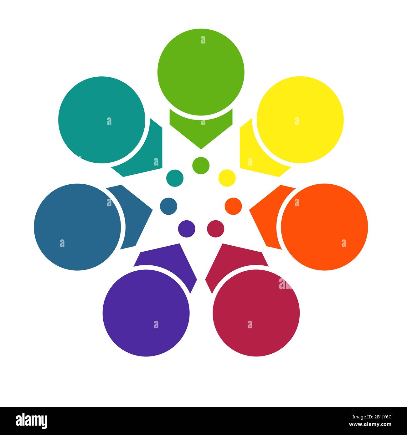 Plantilla brillante de colores para infografías de flechas y círculos con sombras, dispuestas en círculo, para 7 posiciones Foto de stock
