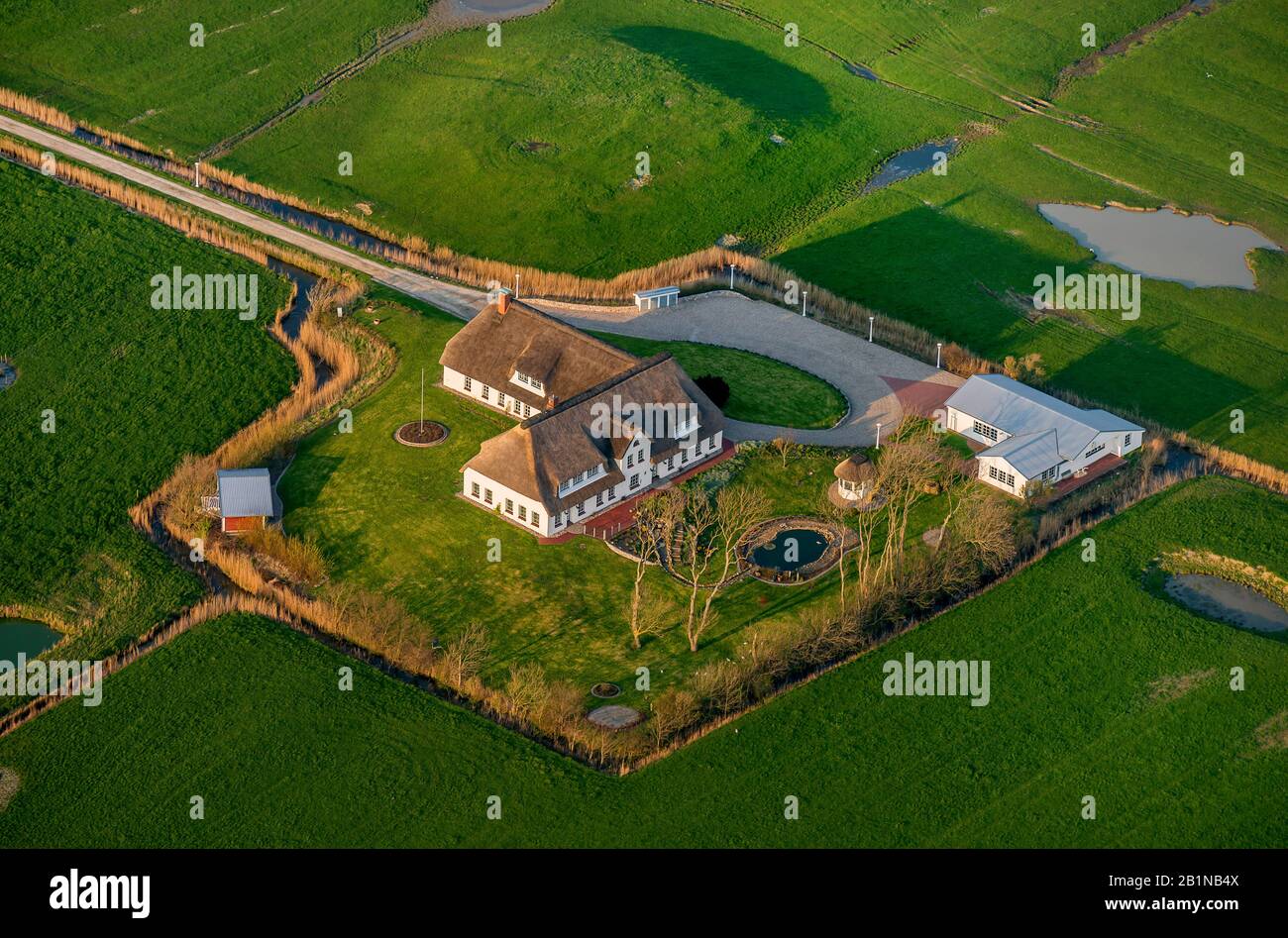 Frisia casa con techo de paja en la isla Pellworm, foto aérea, Alemania, Schleswig-Holstein, Frisia del Norte Foto de stock