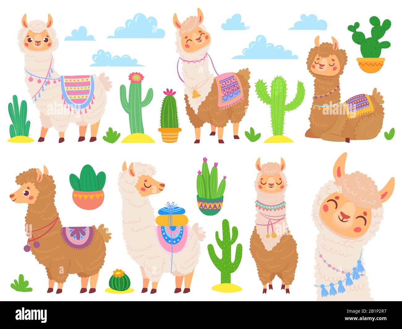 Cartoon alpaca mexicana. Llamas graciosas, dibujos animados lindo animal y llama con desierto cactus vector conjunto Ilustración del Vector