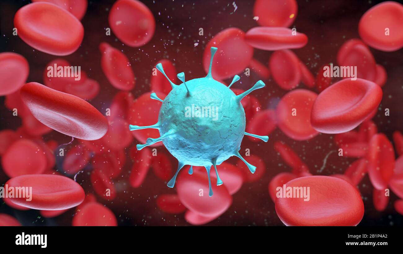 Ilustración 3D de la sangre microscópica y las células del virus. Foto de stock