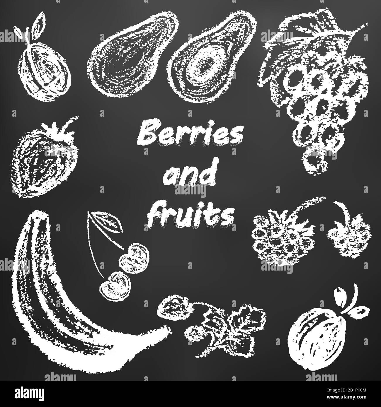 Dibujo infantil de tiza blanca en una pizarra negra. Frutas brillantes y  hermosas. Sabroso y saludable. Ciruela, aguacate, uvas, frambuesas, fresas,  cher Imagen Vector de stock - Alamy