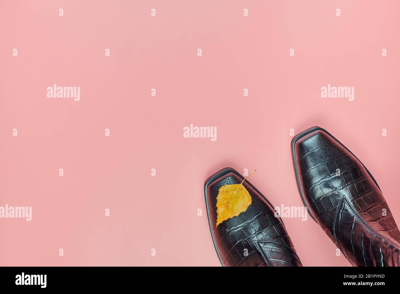 Otoño impermeable mujer zapatos con gotas de lluvia, copiar espacio.  Concepto de cuidado de zapatos. Botas impermeables con hoja de otoño como  símbolo de lluvia Fotografía de stock - Alamy