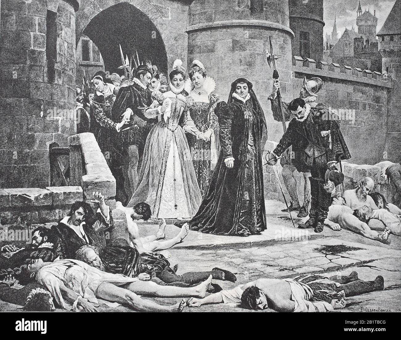 Katharina von Medici después de la masacre del día de San Bartolomé, 1572, un grupo objetivo de asesinatos y una ola de violencia de la mafia católica, dirigida contra los hugonotes, protestantes calvinistas franceses, durante las guerras de religión francesas / Katharina von Medici nach der Bartholomäusenacht, Die Bartholomäusnacht, Parthochzeit, Ein Pogrom an französischen Protestanten, den Hugenotten, das in der Nacht vom 23. Zum 24. Agosto 1572, dem Bartholomäustag, stattfand, Historisch, digital mejora de la reproducción de un original del siglo 19 / digitale Reproduktion einer Originalvorlage au Foto de stock