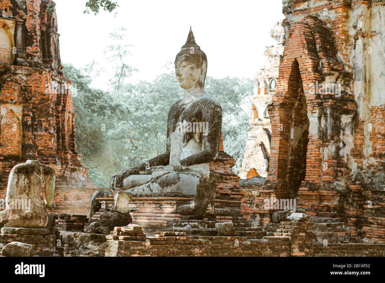 Ruinas antiguas en el Parque Histórico Ayutthaya, que es uno de los destinos culturales más famosos de Tailandia Foto de stock