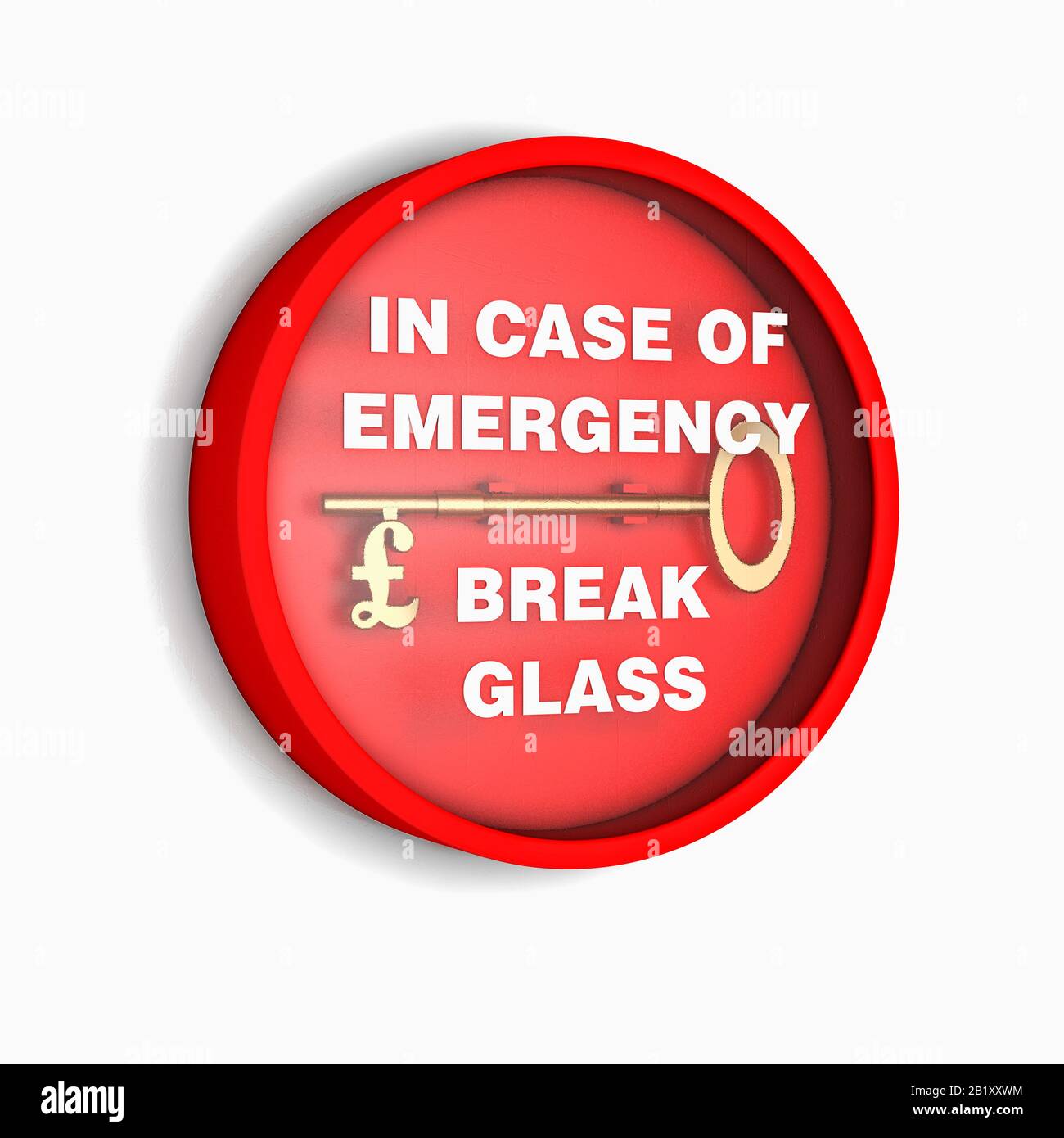 Una unidad de alarma contra incendios de vidrio roto que contiene una llave de oro con un símbolo de libra, concepto de emergencia financiera Foto de stock