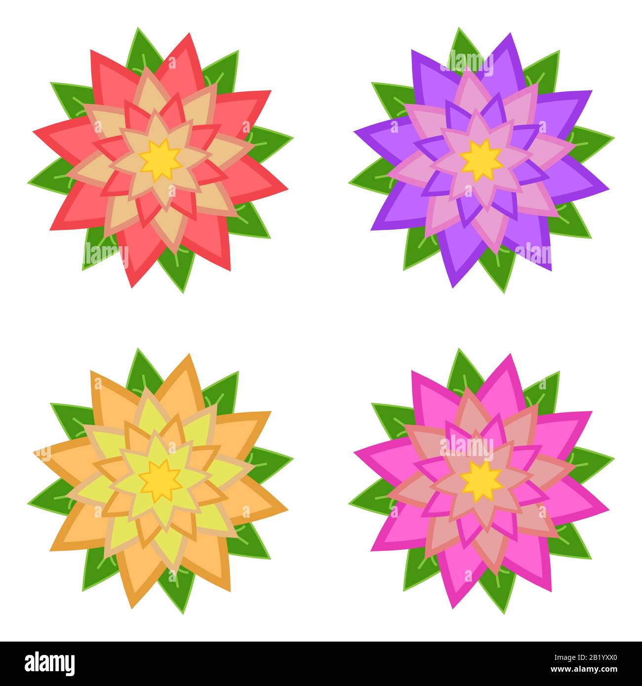 Conjunto de flores rojas, púrpuras, amarillas, rosadas con hojas verdes, aisladas sobre fondo blanco. Cuatro opciones. Adecuado para el diseño. Ilustración del Vector
