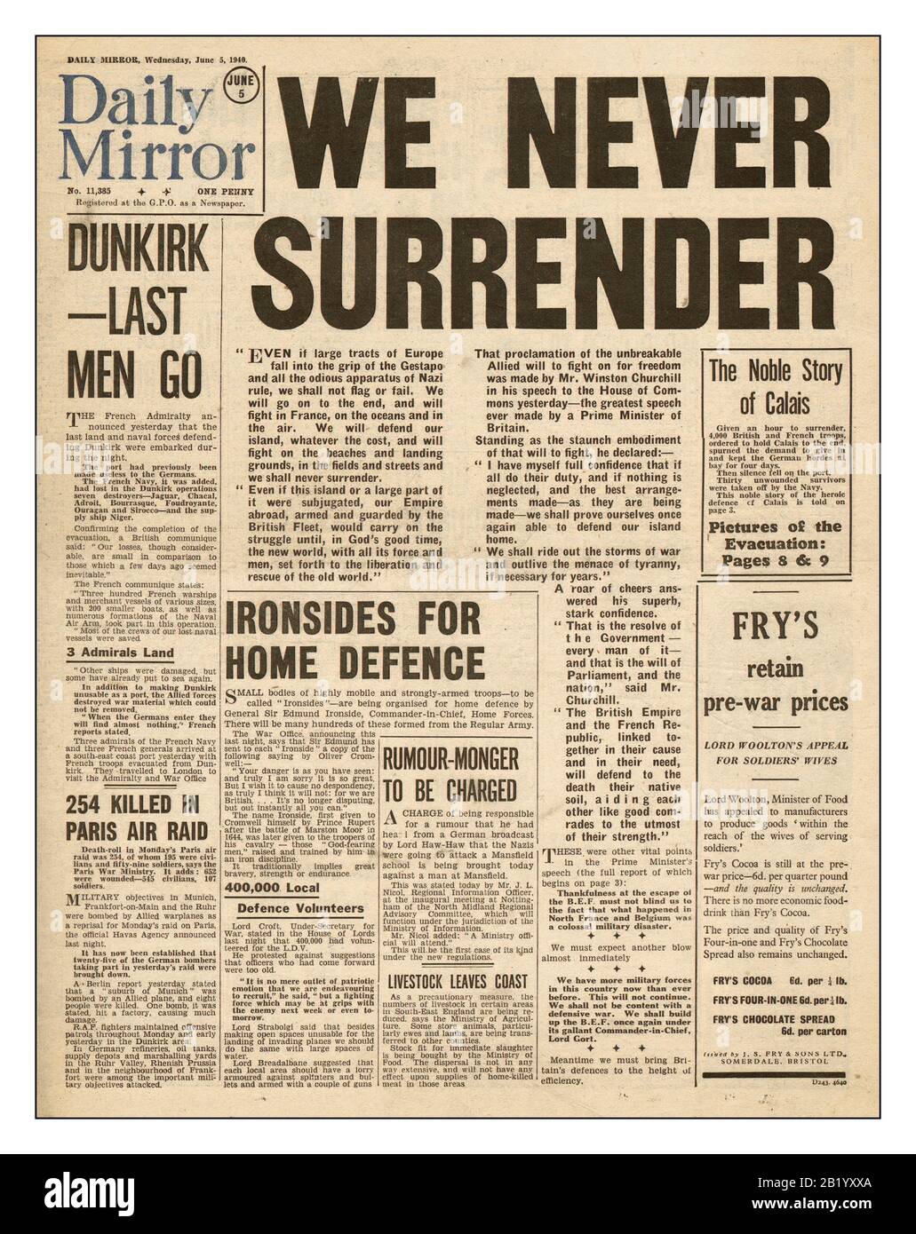 DISCURSO DE CHURCHILL WW2 Archive Segunda Guerra Mundial periódicos  titulares 5 de junio 1940 "NUNCA NOS RENDIMOS" Daily Mirror. El mayor  discurso inspirador de guerra pronunciado por un primer Ministro de Gran