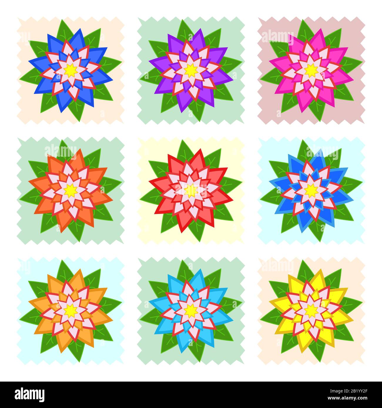 Un conjunto de hermosas flores de colores sobre cuadrados azules, amarillos, verdes y naranjas. Aislado sobre fondo blanco. Nueve opciones. Adecuado para el diseño. Ilustración del Vector