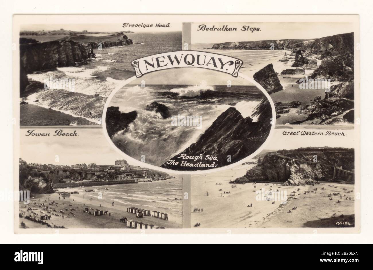 Tarjeta postal de principios de 1900 con vistas múltiples del popular centro turístico costero Cornish de Newquay, alrededor de 1910's, principios de 1920's, Cornwall, S.W. Inglaterra, Reino Unido Foto de stock