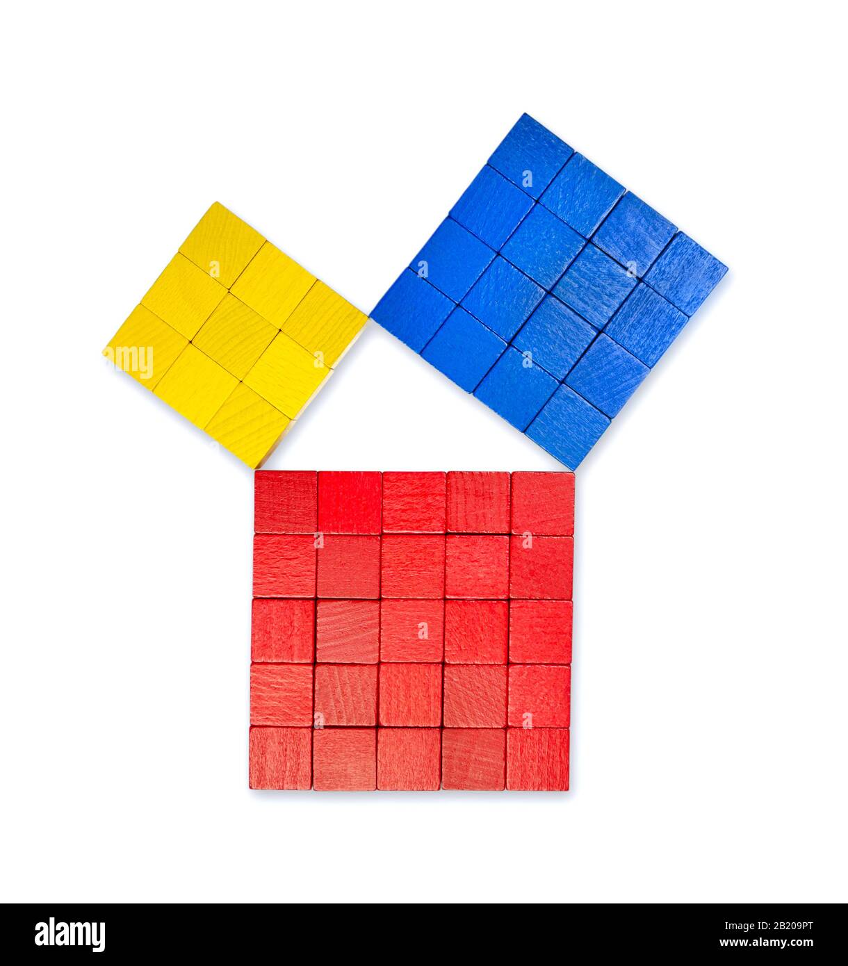 Teorema pitagórico mostrado con coloridos cubos de madera, desde arriba. Teorema de Pitágoras. Relación de lados de un triángulo derecho. Foto de stock