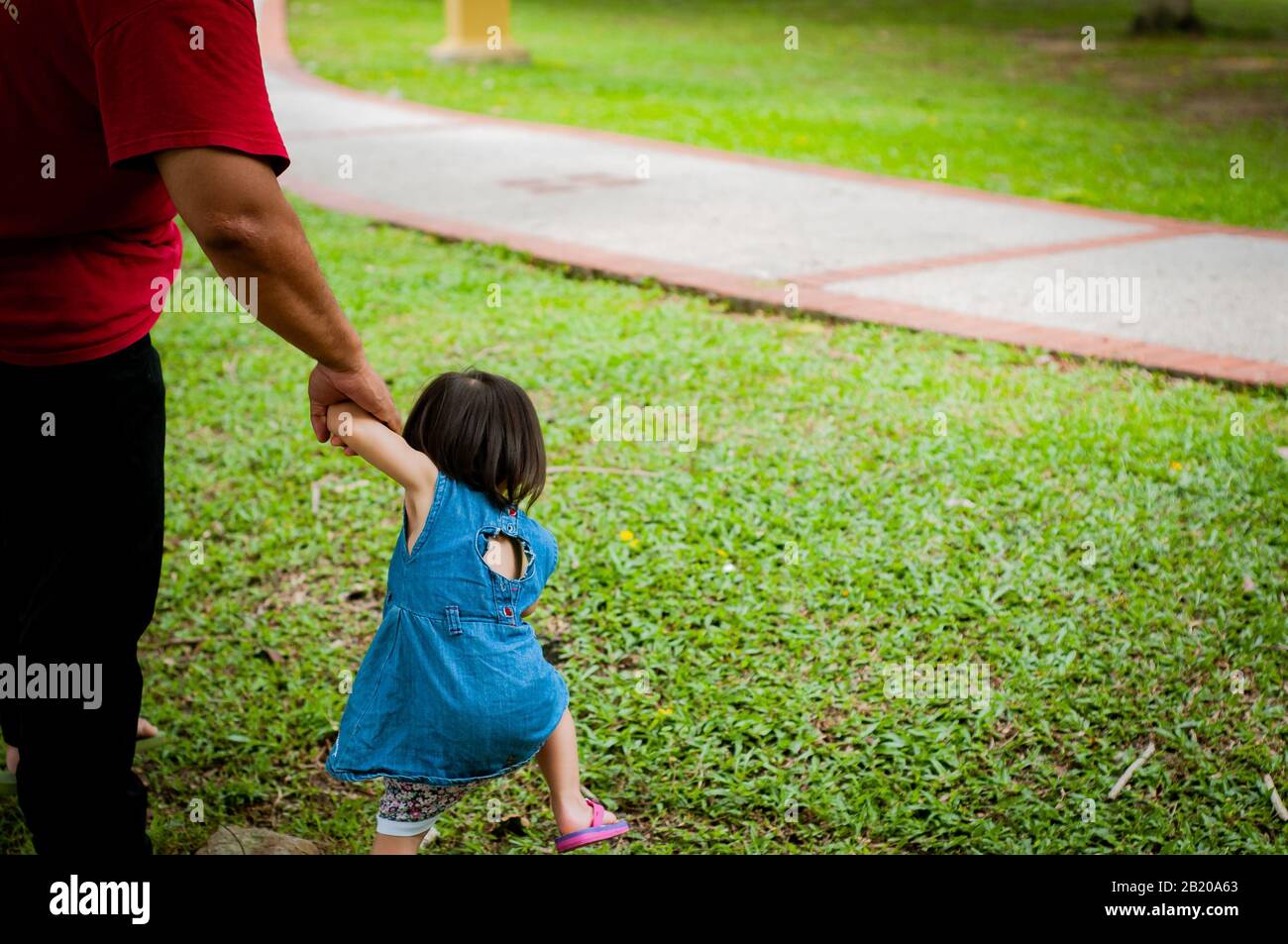 1 asiático-año-viejo niño está ocupado caminando con su padre en un parque tropical en la mañana. La exploración y el concepto de paternidad. Foto de stock