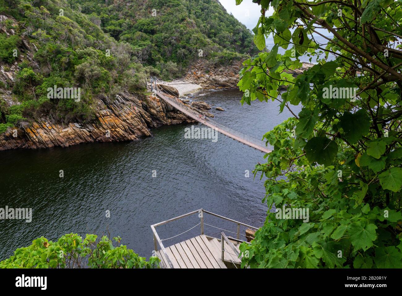 Vista de aspecto alto desde el punto de conexión del puente colgante en La Boca del río Storms, el Parque Nacional Tsitsikamma, Garden Route, cerca de Port Elizabeth, Sudáfrica Foto de stock