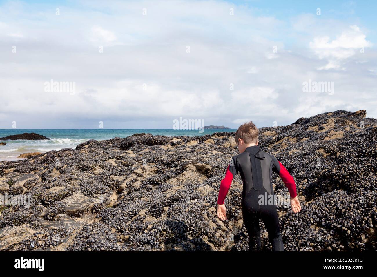 Un niño en traje de neopreno sube a una roca grande expuesta a la marea baja, cubierta de mejillones. Harlyn Bay, North Cornwall, Reino Unido. Foto de stock