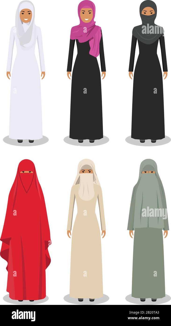 Heredero Fabricación Embajador Conjunto de diferentes mujeres árabes de pie en la ropa árabe musulmana  tradicional aisladas sobre fondo blanco en estilo plano. árabe musulmán  tradicional Imagen Vector de stock - Alamy