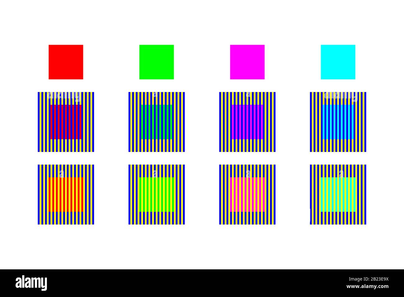 Colorear la ilusión óptica por asimilación y contraste. Los cuatro cuadrados de colores diferentes parecen tener colores diferentes Foto de stock