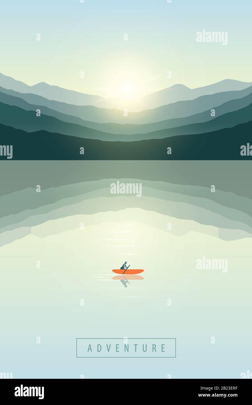 Barco solitario de aventura en canoa al amanecer junto al lago en la montaña naturaleza paisaje vector ilustración EPS10 Ilustración del Vector