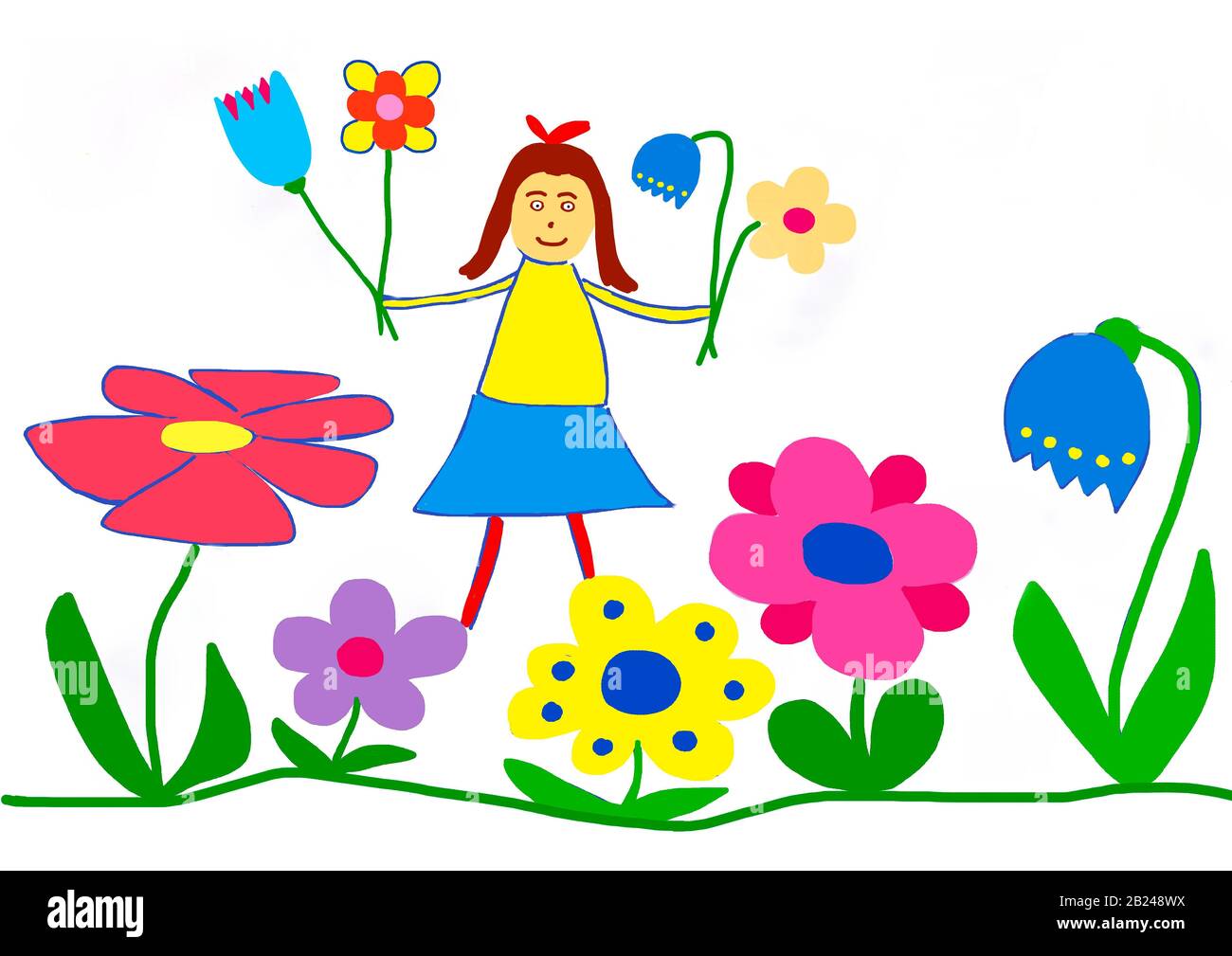 Ilustraciones ingenuas, dibujo infantil, infancia, niña con un montón de  flores en un prado de flores, Alemania Fotografía de stock - Alamy