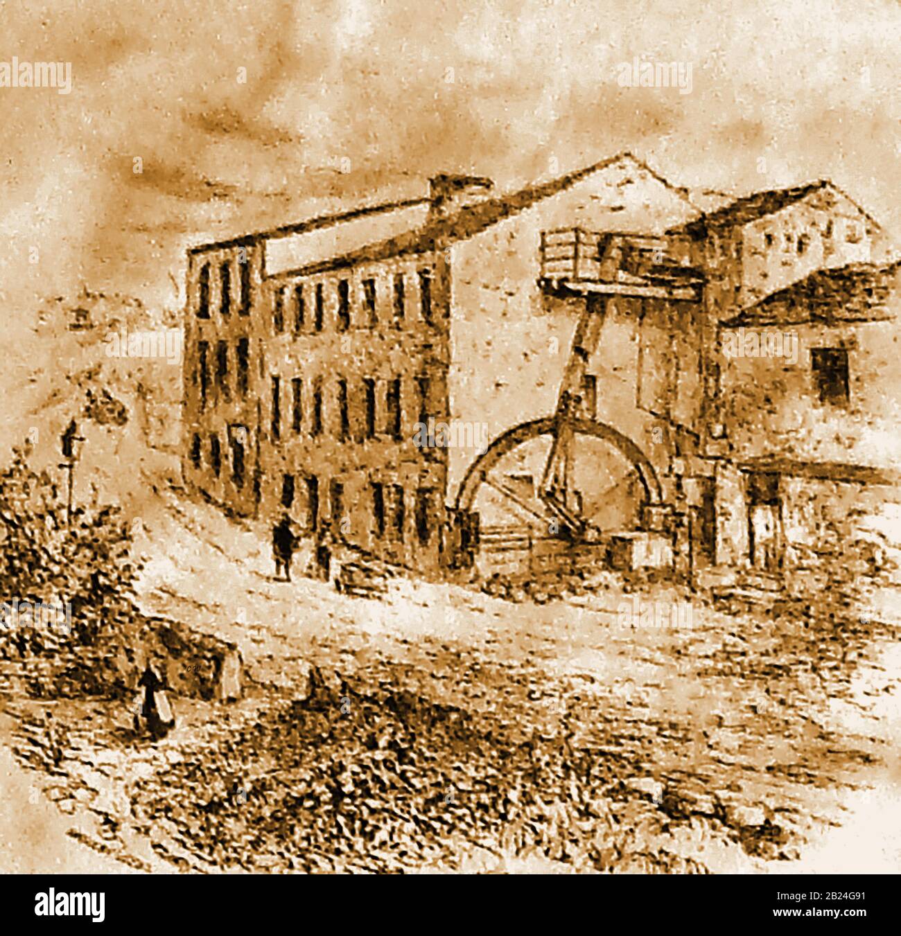 Crank Mill(s), Station Road, Morley, West Yorkshire, construido en 1700. Mostrando el volante anterior y el cigüeñal- fue el primer molino de lana a vapor que se abrió en el distrito. El edificio sigue en pie (una estructura catalogada de grado II), pero ya no es un molino. Foto de stock