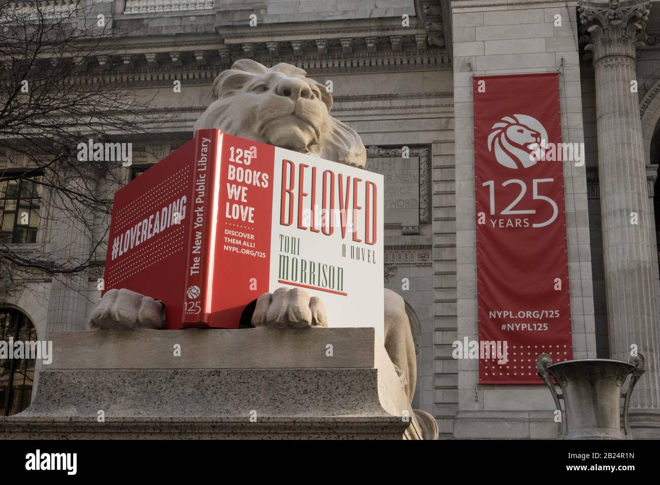 Estatua del León con libro celebra 125 años, Biblioteca Pública de Nueva York, sucursal principal, Nueva York Foto de stock