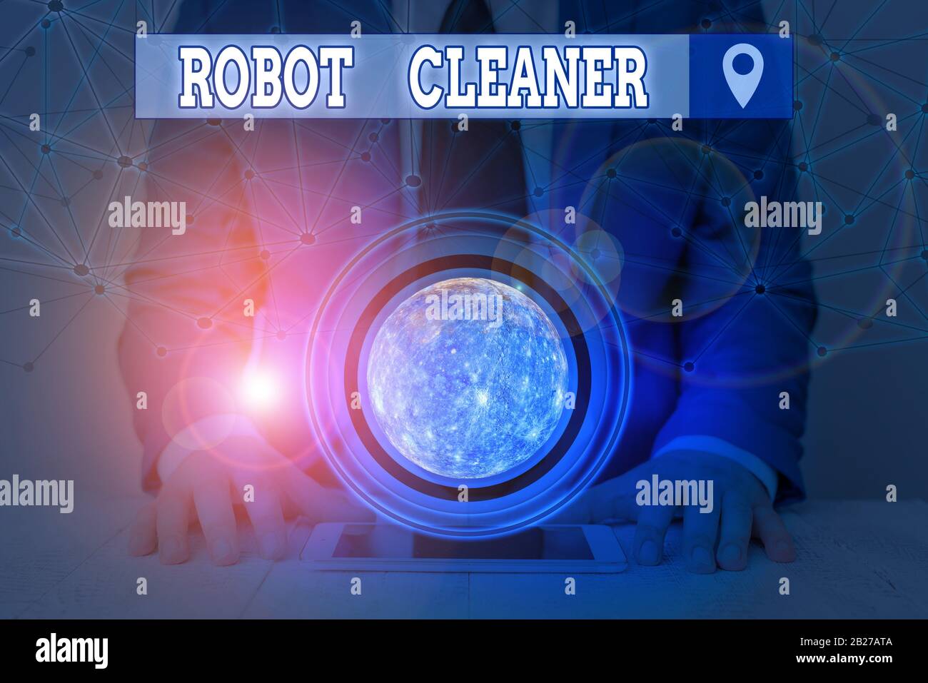 Limpiador De Robots De Texto A Mano. Foto conceptual Programación inteligente y un sistema limitado de limpieza al vacío Elementos de esta imagen proporcionados por la NASA Foto de stock