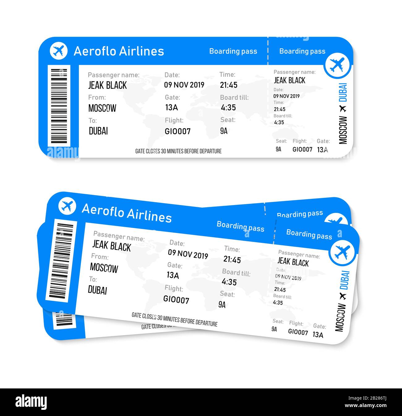 Diseño realista de billetes de avión con el nombre del pasajero. Ilustración vectorial Ilustración del Vector