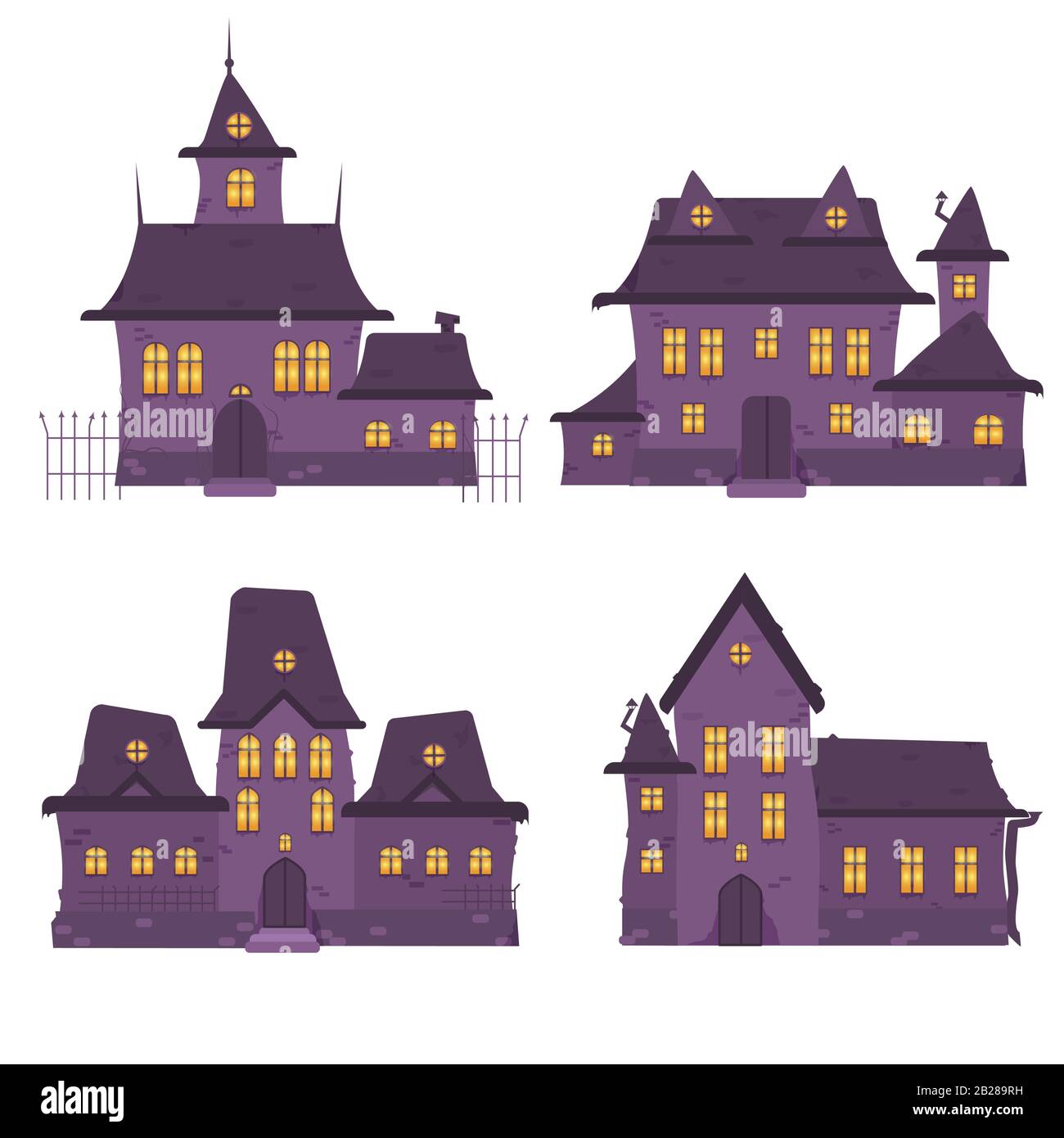 Conjunto de varias imágenes gráficas de vectores de la casa embrujada púrpura Ilustración del Vector