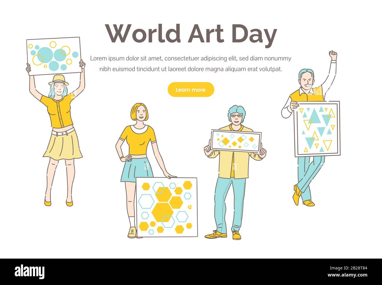 Plantilla de página de inicio vectorial de día de arte mundial con espacio de texto. Dibujos animados de dibujos con carteles con figuras geométricas coloridas. Concepto de diseño de banner creativo y Plantilla de página de inicio vectorial de día de arte mundial con espacio de texto. Dibujos animados de dibujos con carteles con figuras geométricas coloridas. Concepto de diseño de banner creativo y
