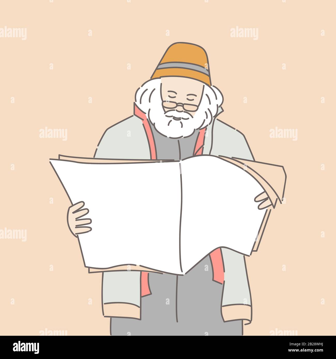 Hombre adulto en gafas leyendo periódico o revista vectorial ilustración de dibujos animados. Hombre inteligente en ropa casual hojeando noticias frescas del concepto del bosquejo de la revista aislado en fondo rosado. Ilustración del Vector