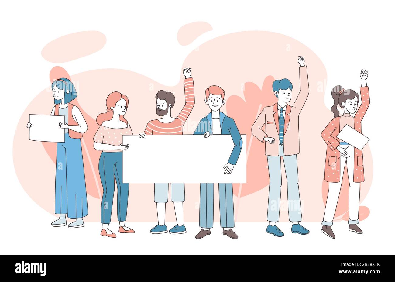 Hombres y mujeres jóvenes sosteniendo pancartas en las manos y