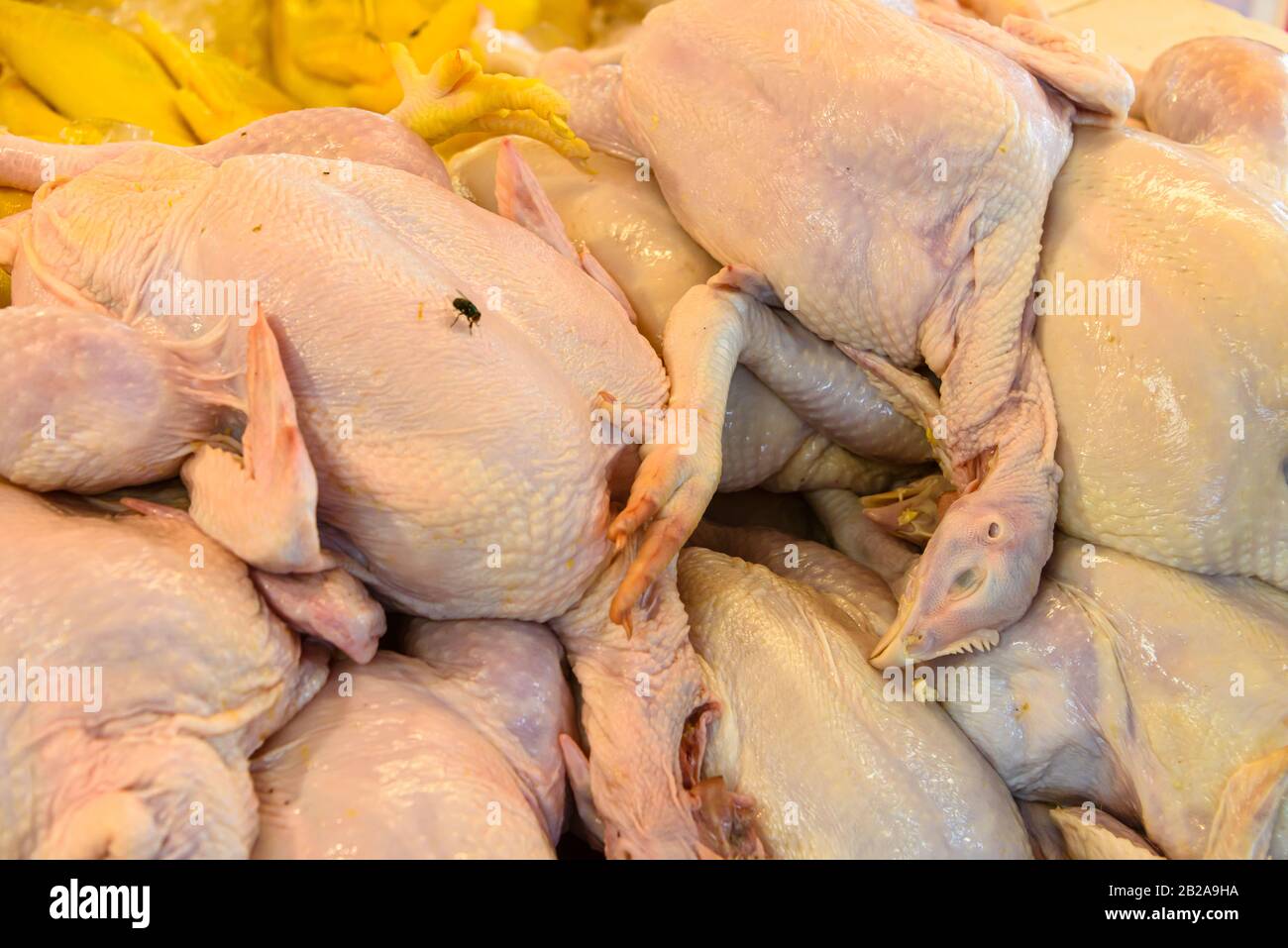 Pollos crudos para la venta en un puesto de mercado de alimentos de carniceros tailandeses, Tailandia Foto de stock