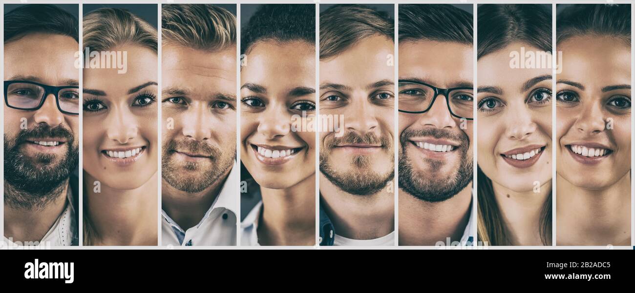 Collage de retratos de una diversidad étnica jóvenes empresarios. Foto de stock