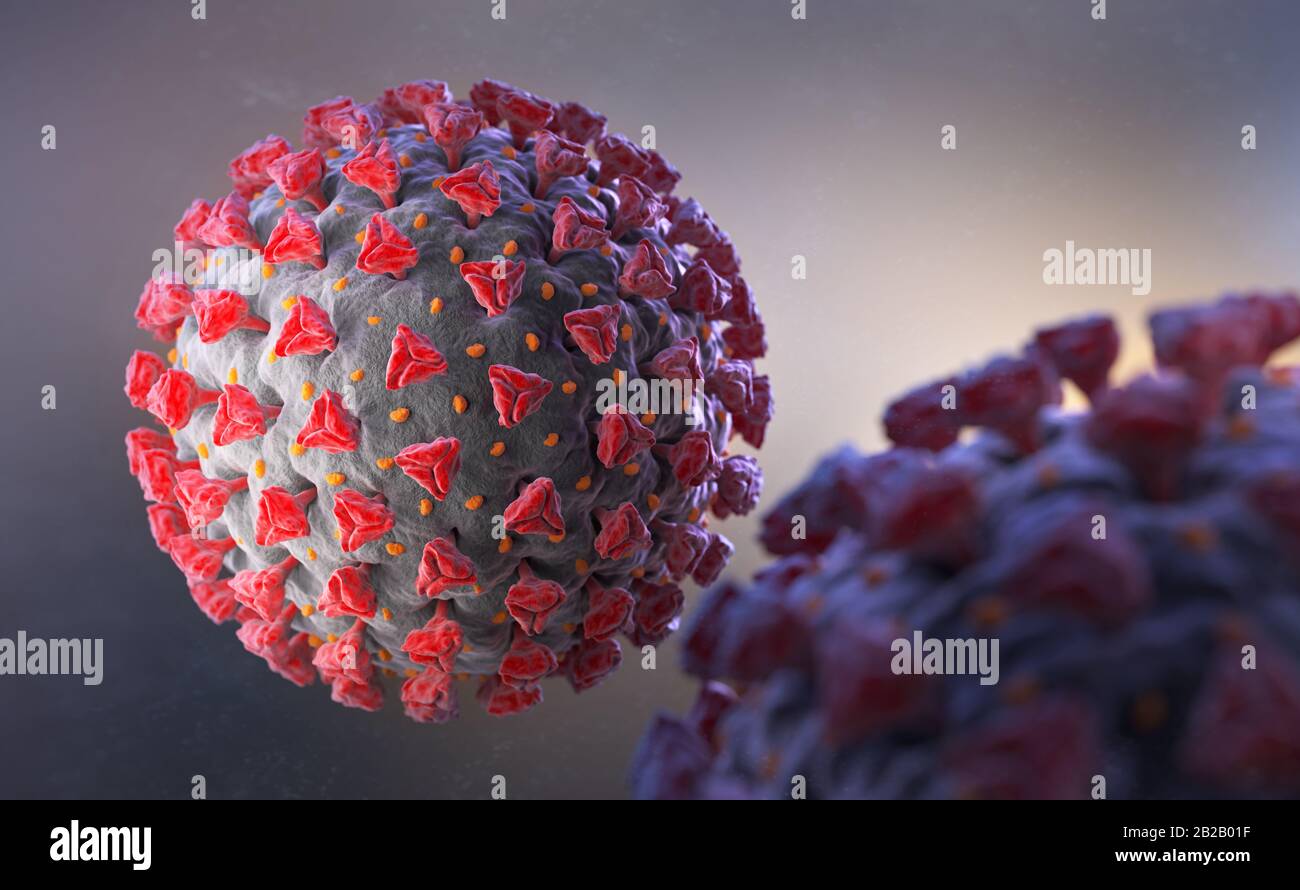Ilustración de Coronavirus. Un patógeno que ataca el tracto respiratorio. Renderización 3D Foto de stock