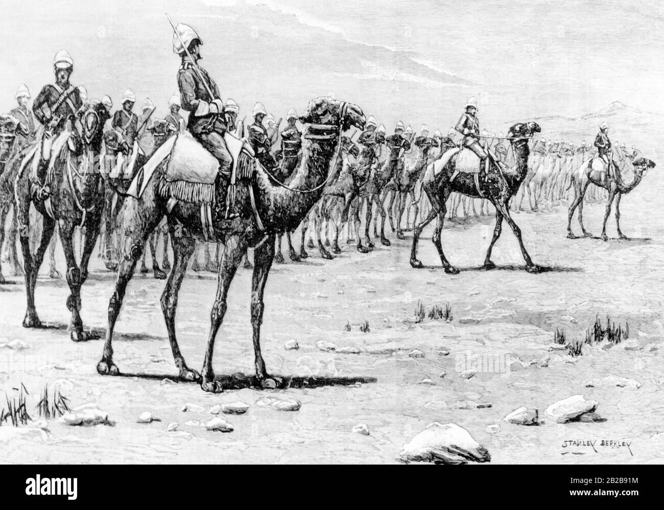 El dibujo muestra el cuerpo británico de Camel Rider bajo el general Gordon poco antes de una batalla contra el ejército de Mahdi. El levantamiento de Mahdi entre 1881 y 1898 fue una rebelión liderada por Muhammad Ahmad contra el gobierno anglo-egipcio en las provincias sudanesas. Fue sólo en 1898 que los británicos lograron finalmente destruir el estado de Mahdi. Foto de stock