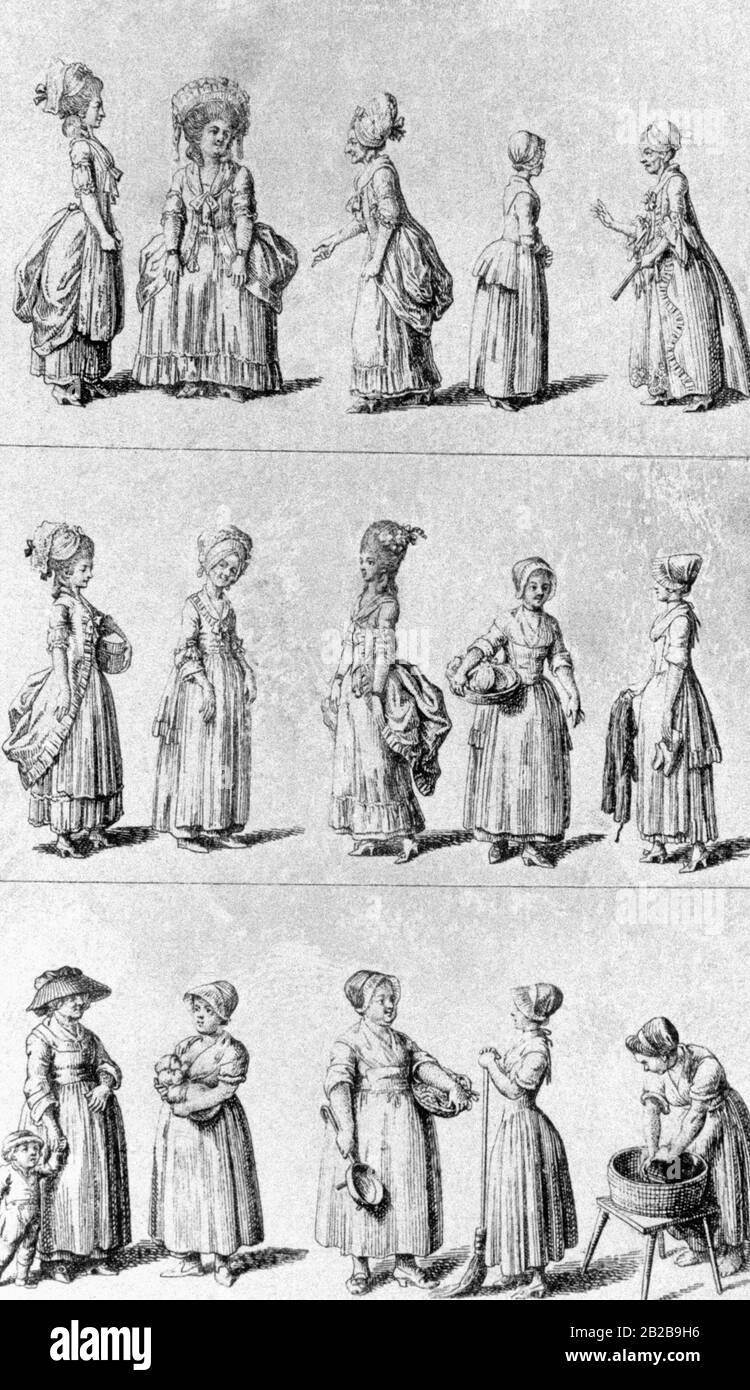 Este dibujo del ilustrador alemán Daniel Nikolaus Chodowiecki muestra varios tipos de sirvientes que poblaron las calles de Berlín a mediados del siglo XVIII. Foto de stock