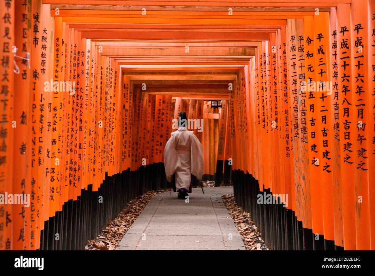 Sacerdote japonés caminando colina arriba en el santuario más famoso de Kioto, Fushimi Inari santuario, Honshu, Japón, Asia. Foto de stock