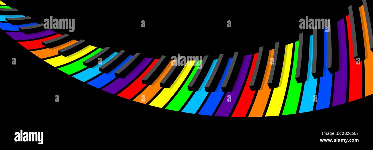 Teclado de piano distorsionado para fondo ancho, protector de pantalla.  Siete colores del arco iris en cada llave del instrumento. Vuelo fantástico  en música Imagen Vector de stock - Alamy