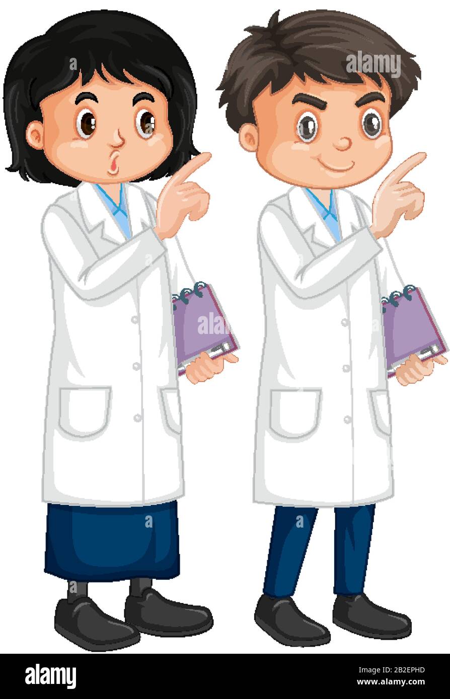 Niño y niña en Bata de laboratorio ilustración sobre fondo blanco Imagen  Vector de stock - Alamy