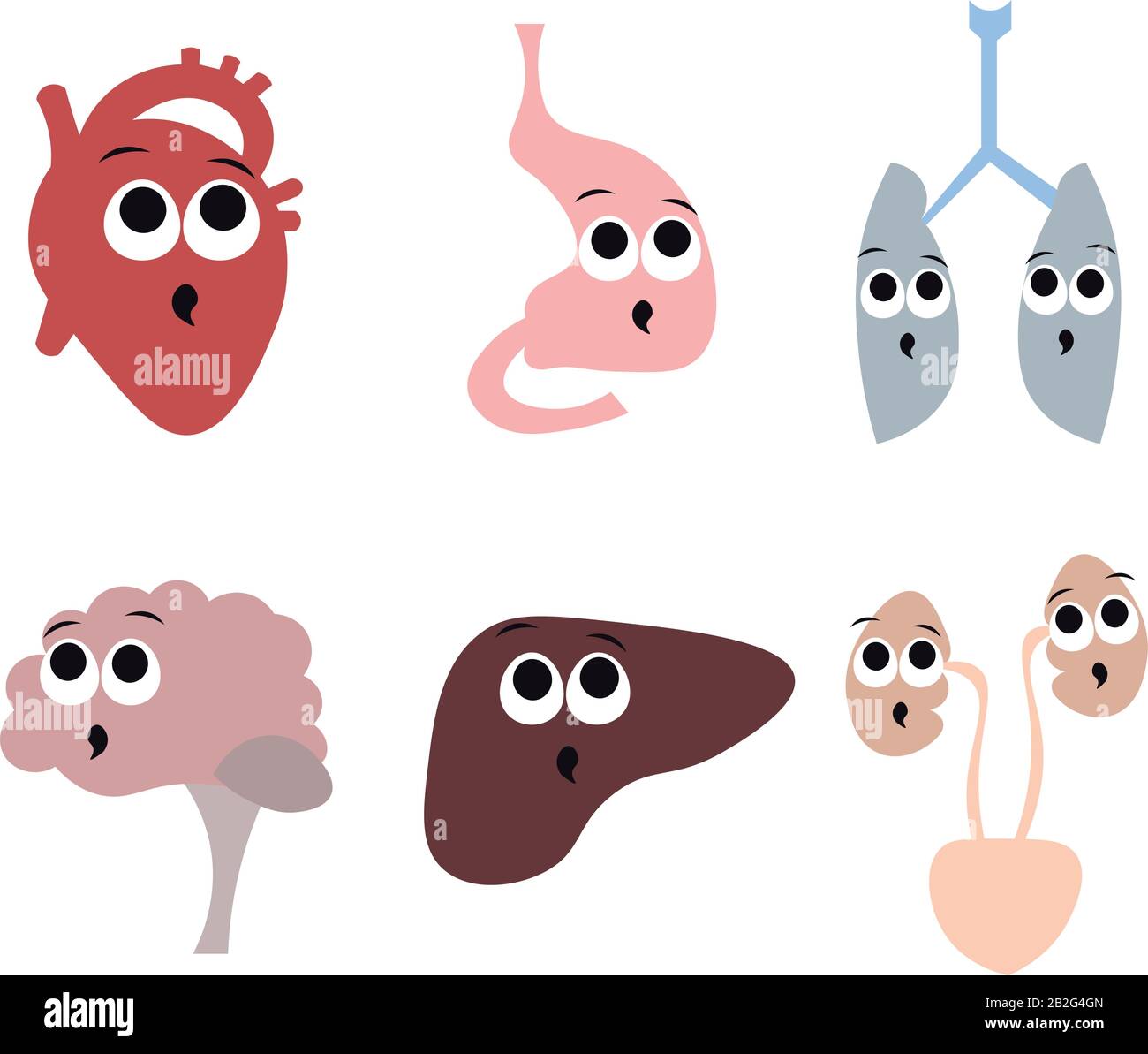 Órganos del cuerpo humano en el estilo de dibujos animados. Corazón, cerebro, sistema respiratorio, aparato digestivo, sistema excretor. Sorpresa, diagnóstico de la dis Ilustración del Vector