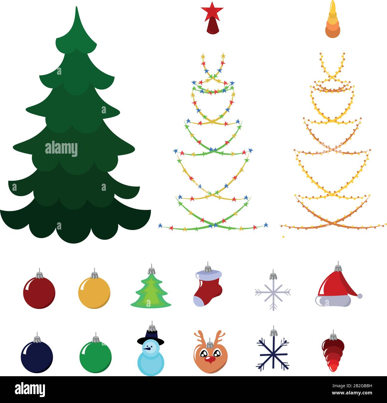 Conjunto de objetos para decorar el árbol de Navidad: Cuentas y guirnaldas,  juguetes y estrellas. Bolas y figuras multicolor. Decoración para la  fiesta. Diseño para Imagen Vector de stock - Alamy