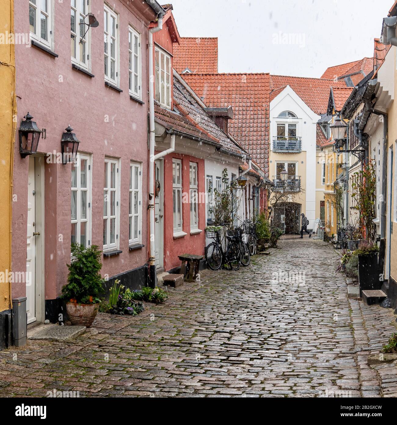 Bonitas y coloridas casas de campo en Aalborg, Dinamarca, en un día nevado de invierno. Foto de stock