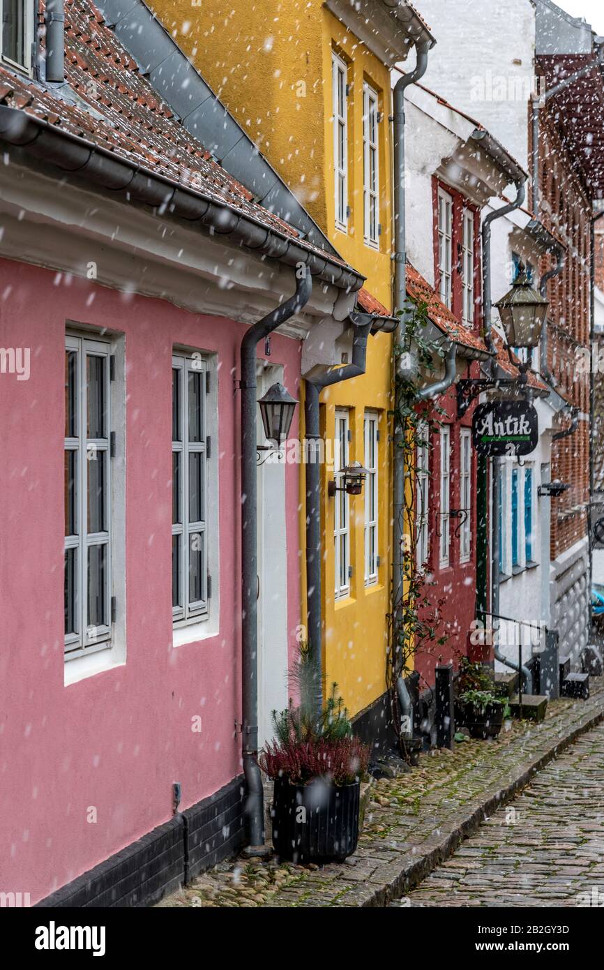 Bonitas y coloridas casas de campo en Aalborg, Dinamarca, en un día nevado de invierno. Foto de stock