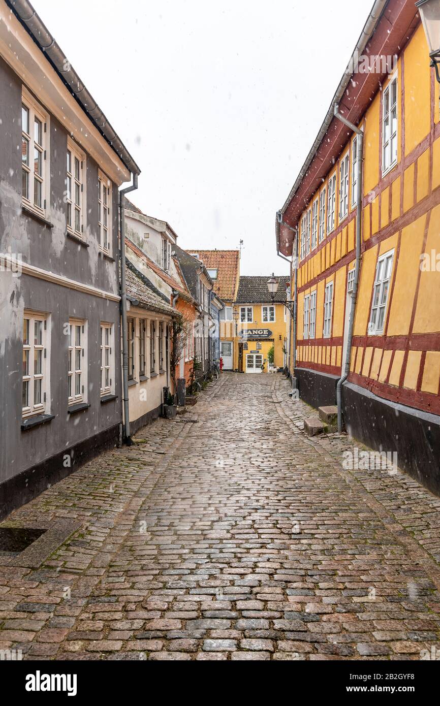 Bonitas y coloridas casas de campo en Aalborg, Dinamarca, en un día nevado de invierno. Foto de stock