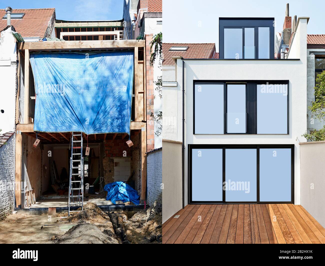 Construcción de una nueva fachada en el patio de la casa vieja antes y